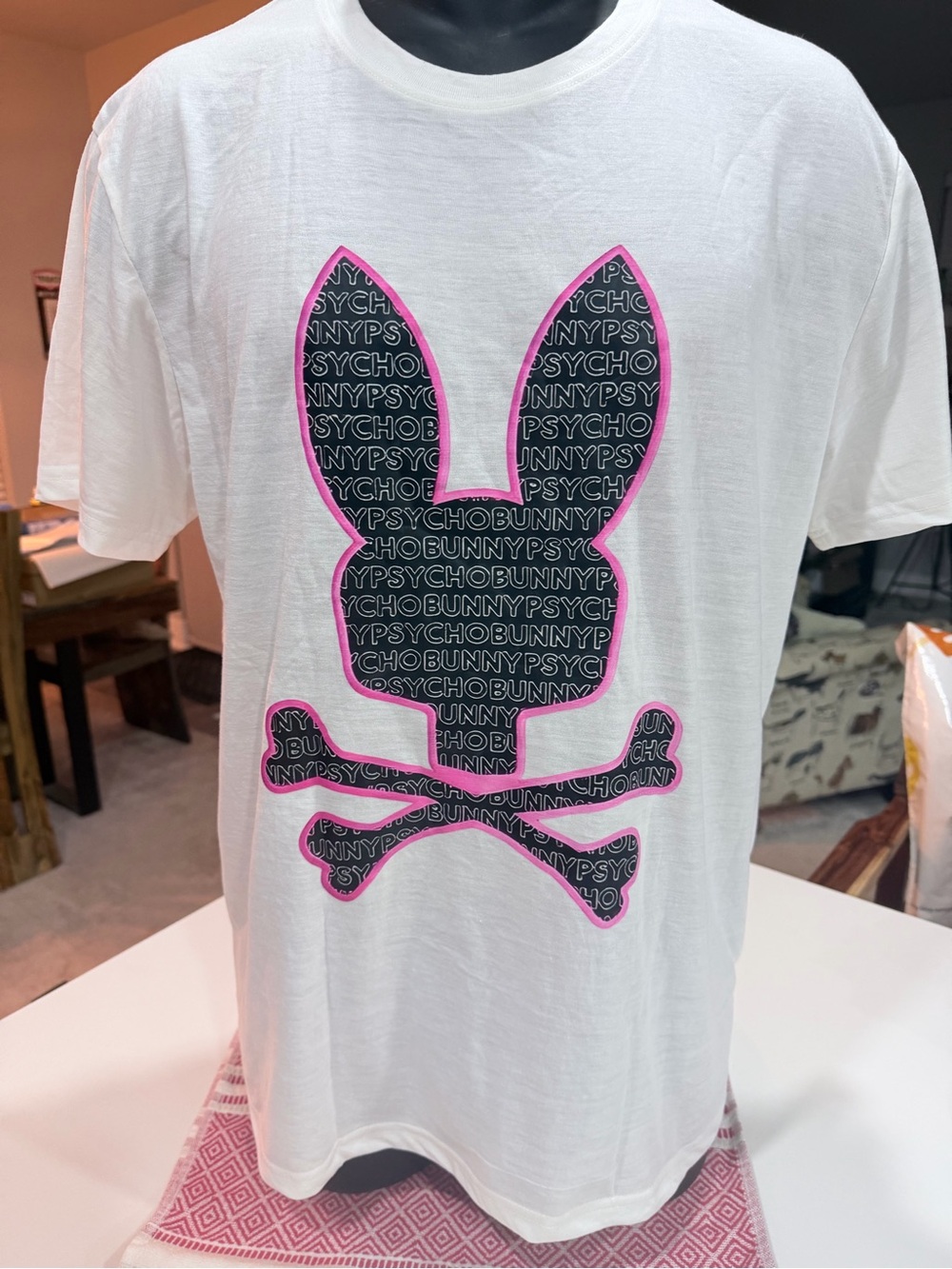 White Graphic Tee with Pink-Outlined PSYCHO Bunny Logo